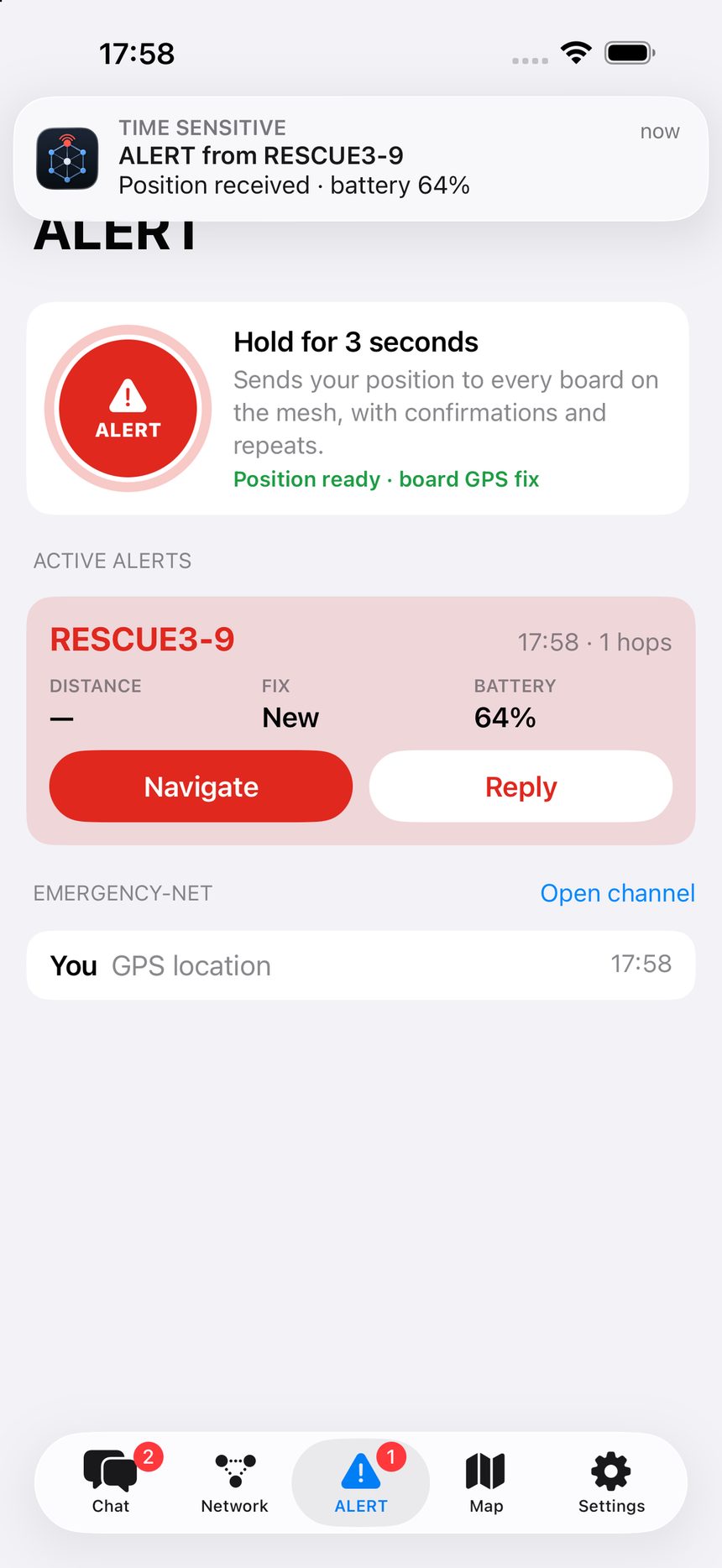 ALERT ricevuto con distanza, batteria e navigazione